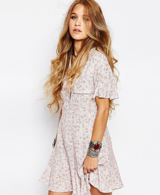 Vintage Button Front Mini Tea Dress With Ruffle Detail In Ditsy Print