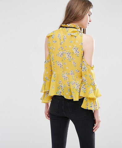 Cold Shoulder Ruffle Blouse in Floral Print Asos