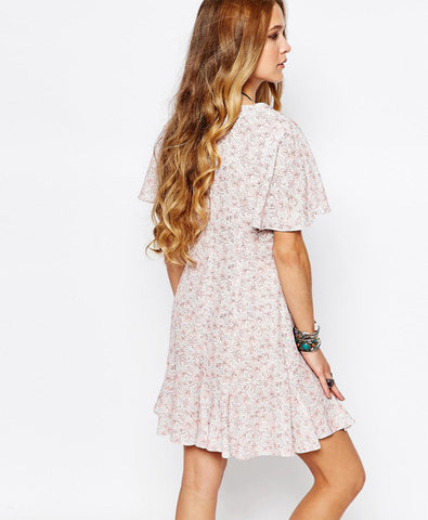 Vintage Button Front Mini Tea Dress With Ruffle Detail In Ditsy Print