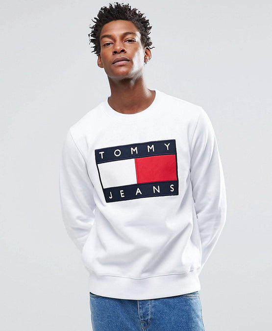 Denim Sweatshirt with Tommy Flag Logo In White